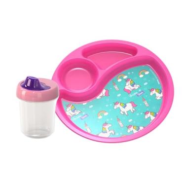 Imagem de Kit Prato Infantil Copo Com Bico Transição Alimentação Bebe Criança Unicórnio Astronauta (Unicórnio)
