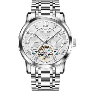 Imagem de OLEVS Relógios automáticos masculinos esqueleto turbilhão mecânico auto corda luxo vestido relógio de pulso lua fase dia data à prova d'água relógio luminoso presentes, Pulseira marrom, mostrador