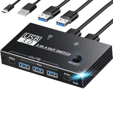 Imagem de Interruptor USB 3.0, comutador USB 2 computadores compartilhando 3 x tipo A e 1 hub de porta USB C, mouse e teclado, impressora, um botão, adaptador de interruptor com Windows Mac Linux, 3 cabos