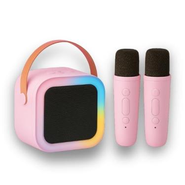 Imagem de Karaokê Infantil Portátil com LED, Caixa de Som Bluetooth, 2 Microfones Sem Fio, Recarregável, Modos de Voz Divertidos (Rosa)