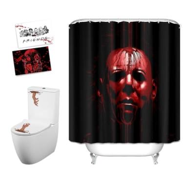 Imagem de feitengda Cortina de chuveiro decorativa de Halloween para Bloody Michael Myers - 182 x 182 cm, inclui 10 ganchos de plástico, adesivo de banheiro bônus e 2 cartões postais de Halloween - perfeita