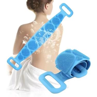Imagem de Esponja de Banho Flexível em Silicone com Alça Dupla – Massageador Esfoliante Corporal para Costas e Pele (Azul)