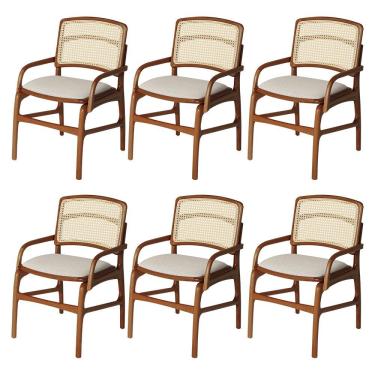 Imagem de Jogo 6 Cadeiras Para Jantar Florença Em Madeira Jequitibá Terra Braço Encosto Palha Linho Bege