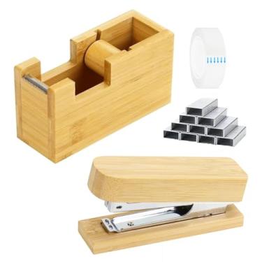 Imagem de Multibey Conjunto de grampeador e dispensador de fita de bambu com 1000 grampos e refil de fita | Combo de material de escritório de madeira 2 em 1 para organização de mesa | Organizador de mesa para