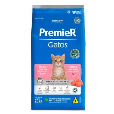 Imagem de Ração Premier Ambientes Internos Gatos Filhotes Pelos Longos Sabor Salmão 7,5kg