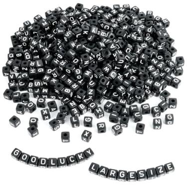 Imagem de Supkiir 560 peças 10 x 10 mm cubo grande grande acrílico letras alfabeto contas A-Z contas soltas de forma de plástico para fazer joias DIY pulseiras colares chaveiros (preto)