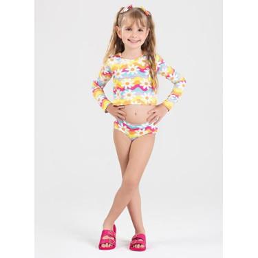 Imagem de Conjunto Biquíni Infantil Menina Amarelo Cropped Manga Longa e Calcinh