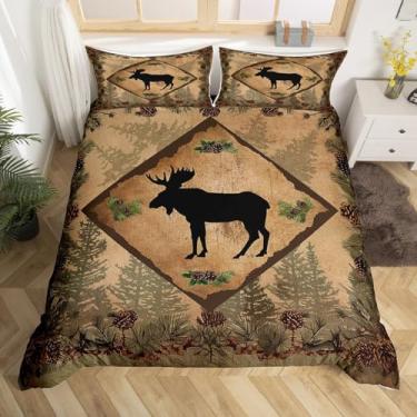 Imagem de Capa de edredom com silhueta de alce Queen, tamanho Queen, 3 peças, verde selva, pinheiros, cones, conjunto de cama para crianças, adolescentes e adultos, vintage, xadrez, cabana, edredom com 2
