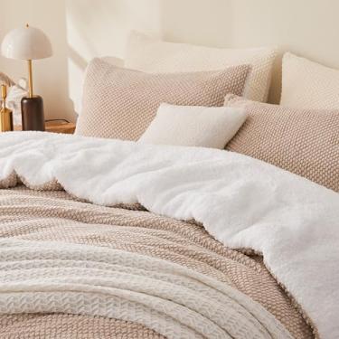 Imagem de Andency Conjunto de edredom queen de lã jacquard, reversível, cáqui, felpudo, fofo (228,6 cm x 228,6 cm), pele sintética quente, sherpa, 3 peças, conjunto de cama com 2 fronhas