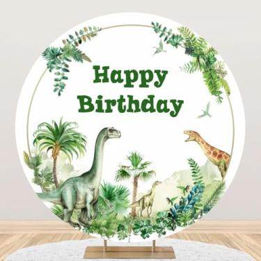 Imagem de dnldliq Capa de fundo redonda de dinossauro, feliz aniversário, 2,2 m, verde, jardim zoológico, crianças, meninos, aniversário, fotografia, fundo, decoração de festa, adereço de estúdio fotográfico