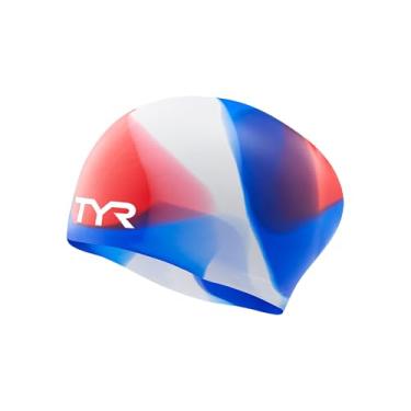 Imagem de TYR Touca de natação de silicone para cabelo longo tie dye, jovem, vermelho, branco azul, NA