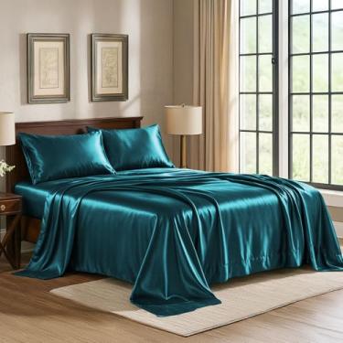 Imagem de Jogo de lençol Queen de cetim [4 peças, azul-petróleo] Hotel luxuoso e sedoso - Jogo de lençol de microfibra 1800 extramacio, resistente a rugas, desbotamento e manchas - lençol com elástico alto