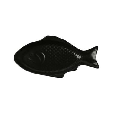 Imagem de Lata de lixo Placa de cerâmica retangular em forma de peixe, prato de cerâmica retangular para jantar em família, para hotel e restaurante(Preto)