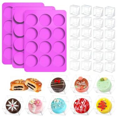 Imagem de MGWOTH Conjunto de moldes cobertos de chocolate Ore-O: Molde de silicone de 3 peças com 50 caixas de petiscos transparentes, molde redondo para doces, arroz crocante, mini bolo, embalagem de