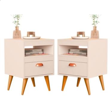 Imagem de Kit 2 Mesa De Cabeceira Para Quarto Com Pés e Gaveta Com Nicho Criado Com 2 Unidades Mesinha Canto 56x34x31cm(Off White)