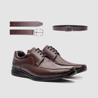 Imagem de Kit Sapato Social Marrom Escuro Masculino Com Cinto Conforto Resistenc