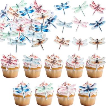 Imagem de Gyufise 63Pcs Edible Dragonfly Cupcake Toppers Wafer Paper Insect Birthday Garden Party Cake Decorations Picks for Baby Shower Wedding Birthday Party Supplies Red