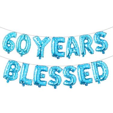 Imagem de 60 Years Blessed Banner de balão multicolorido com glitter, decorações de festa de aniversário de 60 anos/casamentos, cenários de sinalização (60 YEARS BLESSED Blue Star)