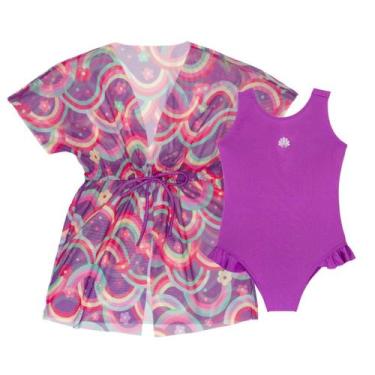 Imagem de Kit Maiô Liso + Saída de Praia Tule Infantil Natação Menina - Fofotinh