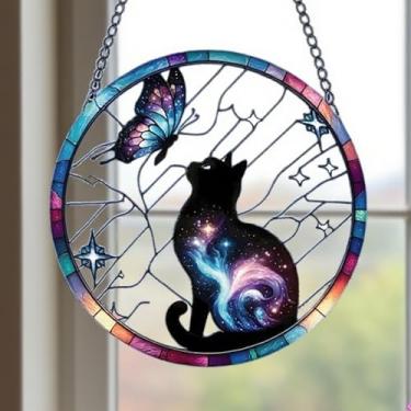 Imagem de Decoração de acrílico para pendurar gato 2025, enfeite de janela estilo vitral para Natal, Halloween, janela, decoração de jardim