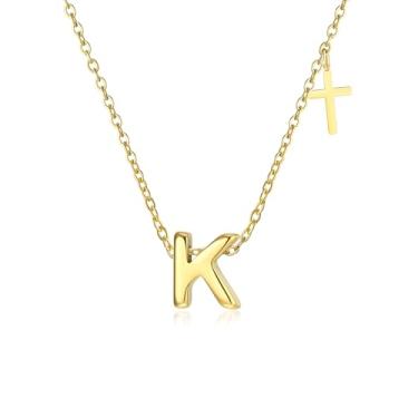 Imagem de Colar feminino banhado a ouro 14 K com inicial de prata delicada, colar com pingente de A-Z minúsculo colar com pingente de cruz com inicial na moda, 14 Inches, Aço inoxidável, Sem Pedra Preciosa