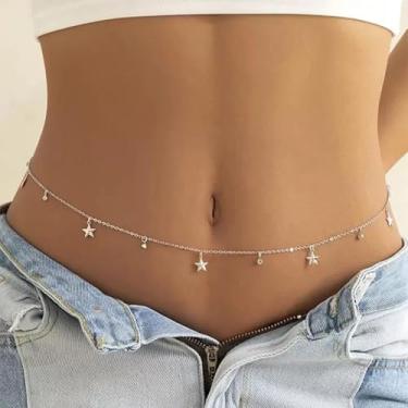 Imagem de Corrente de cintura de lantejoulas estrela para o corpo do biquíni corrente de barriga de praia para a cintura borla banhado a ouro correntes corporais para mulheres, Prata, tamanho �nico