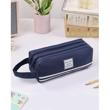 Imagem de Estojo de lápis de camada dupla azul escuro, bolsa de papelaria de tecido durável para material de escritório