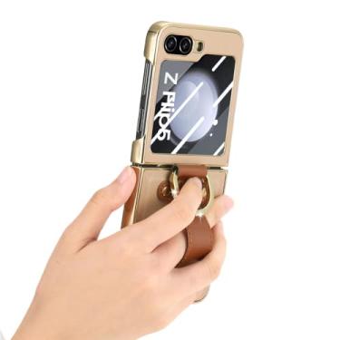 Imagem de Capa de couro para celular para Samsung Galaxy Z Flip 5 Flip5 Flip4 Flip 4 5G Proteção contra quedas Capa de filme de vidro temperado, cáqui, para Samsung z flip 5