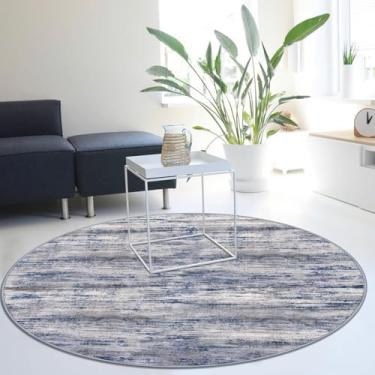 Imagem de KOZYFLY Tapete redondo abstrato moderno lavável 1,5 m, tapete de cozinha lavável, antiderrapante, macio, tapete de entrada listrado cinza-azul, tapete abstrato de lã sintética para cabeceira, entrada,