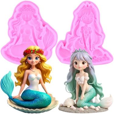 Imagem de MIYAHOUSE Moldes de silicone para fondant de sereia para decoração de bolos, topo de cupcake, pasta de goma de chocolate, argila de polímero, conjunto de 2