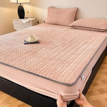 Imagem de Lençol de elástico macio e quente, protetor de colchão com bolso profundo espesso, elástico antiderrapante, aconchegante para todas as estações, roupa de cama de luxo para casal queen size, rosa-2||