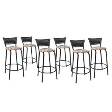 Imagem de Kit 6 Banco Para Bancada Cozinha Gourmet Estrutura Preta Encosto Junco Preto Balcão Ilha Bar Banqueta 60cm Itagold (Assento Floral Marrom)