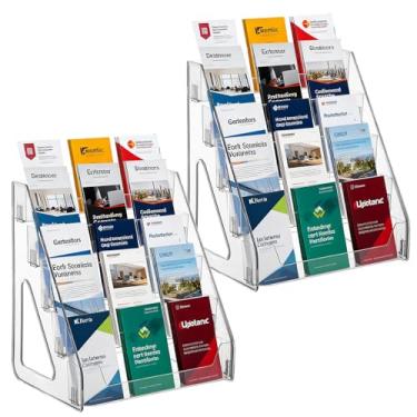 Imagem de YEXEXINM Pacote com 2 porta-folhetos de 5 níveis, suporte de exibição de literatura acrílica de 30 x 33 cm, comporta 3 folhetos em uma fileira, suporte de panfleto transparente para folhetos, placas