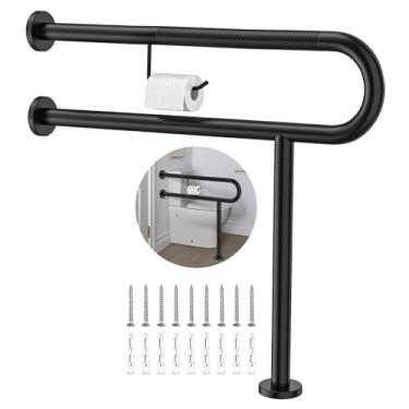 Imagem de Trilho de suporte para vaso sanitário com suporte de papel higiênico 70 x 71 cm, barra de apoio ZUEXT de parede ao chão preto fosco antiderrapante para banheiro, corrimãos de segurança de aço