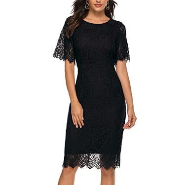 Imagem de MEROKEETY Vestido feminino de renda floral de manga curta com gola redonda na altura do joelho para festa, Preto, M