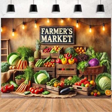 Imagem de Pano de fundo de loja de frutas e legumes com desenho animado Farmers Market, legumes, frutas e legumes, mercado de fazendeiros, fundo para festa temática, porta, aniversário, chá de bebê (C, 2,1 x