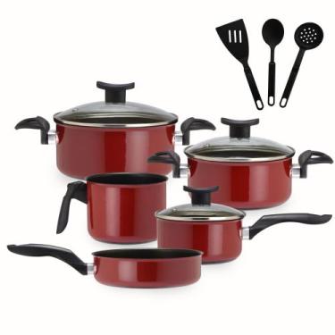 Imagem de Jogo Panelas De Indução Gás Antiaderente Tampa Vidro 11 Pçs Vermelho -