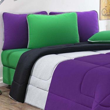 Imagem de Kit Edredom + Jogo De Lençol Malha 100% Algodão Urbano 6 Peças Casal - Roxo-mescla-preto