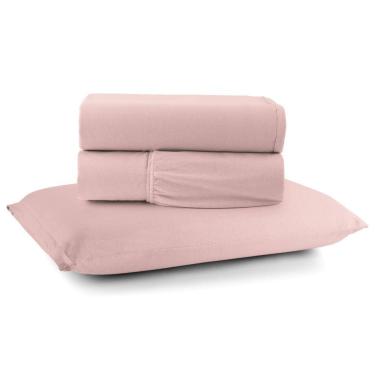 Imagem de Jogo De Lençol Minimal Solteiro 3 Peças Malha 100% Algodão Liso Rose
