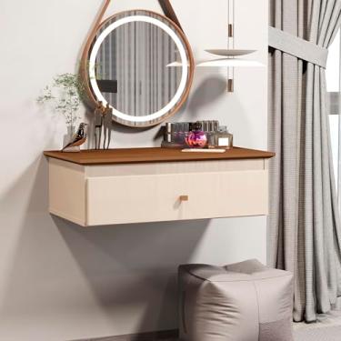 Imagem de Penteadeira Bancada Suspensa Porta Maquiagem Camarim Multiuso Escrivaninha Estudo Notebook de Parede Canto Quarto Closet 1 Gaveta com Puxador Europa (Offwhite/Freijó)