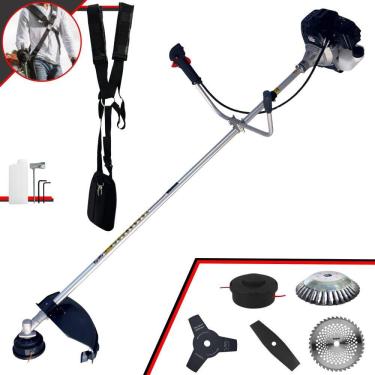 Imagem de Roçadeira Toyama RT43LB25A À Gasolina 2T 43cc 1,7HP C/ Carretel Nylon + Faca 2 Pontas + Faca 3 Pontas + Faca 40 Dentes Vídea + Escova de Aço Giratória