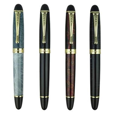 Imagem de Jinhao Conjunto de canetas-tinteiro X450, 4 cores (azul, preto, vermelho, rachaduras de gelo), ponta média com conversor de tinta, acabamento dourado, caixa de presente