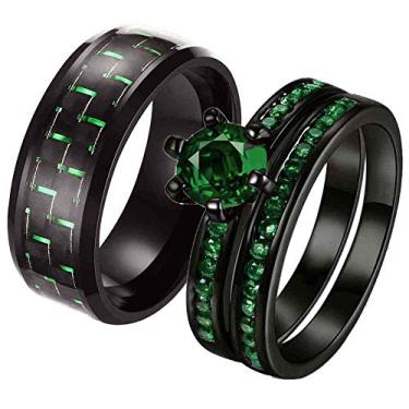Imagem de Anéis de casal RingHeart 2 Anéis para ele e para ela Preto banhado a ouro Verde Cz Conjuntos de anéis de casamento femininos anéis de casamento masculino anéis de casamento de aço inoxidável Preto