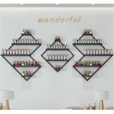 Imagem de Prateleiras de armazenamento de esmalte de parede de metal, prateleiras de armazenamento de esmalte poligonal, organizadores de óleo essencial de prateleira de parede de perfume para salão de beleza