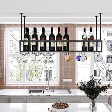 Imagem de Rack de vidro de vinho preto de teto, suporte de vinho de ferro, armário de rack de vinho suspenso ajustável de 30 a 59,9 cm de altura, suporte de garrafa de vinho perfeito para bar Ckitchen/100 cm