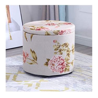Imagem de Banqueta otomana redonda de linho banquinho de armazenamento funcional banco de pés banco de armazenamento cubo caixa de armazenamento assento estofado tampa removível (cor: padrão flor-D, tamanho