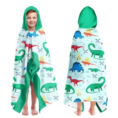 Imagem de Toalhas de praia grandes com capuz para meninos com estampa de dinossauro para crianças de 7 a 10 anos, toalhas de banho com capuz para crianças adolescentes 89 x 152 cm toalha verde de secagem rápida