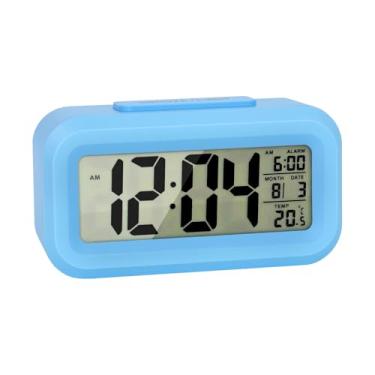 Imagem de ADOUNOTES Despertador digital para quartos, relógio pequeno de mesa com visor de hora, data e temperatura interna, modelo soneca, 12/24H, operado por pilha AAA (não incluída) (azul)