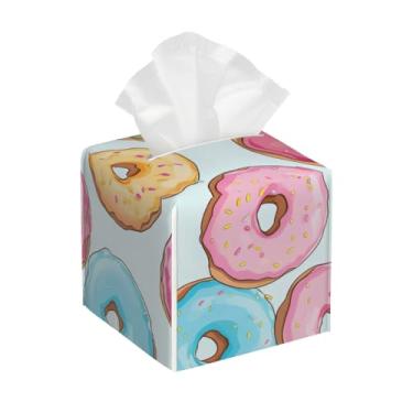 Imagem de Porta-lenços de couro quadrado à prova d'água donut colorido bonito organizador de papel facial com cinto inferior cubo estojo de lenços para mesa, banheiro, escritório, mesa, carro, decorativo