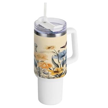 Imagem de xigua Copo vintage de flores silvestres de 1,134 g com alça e canudo, aço inoxidável duplo isolado a vácuo garrafa de água suporte de copo de garrafa de água amigável à prova de vazamento copo de